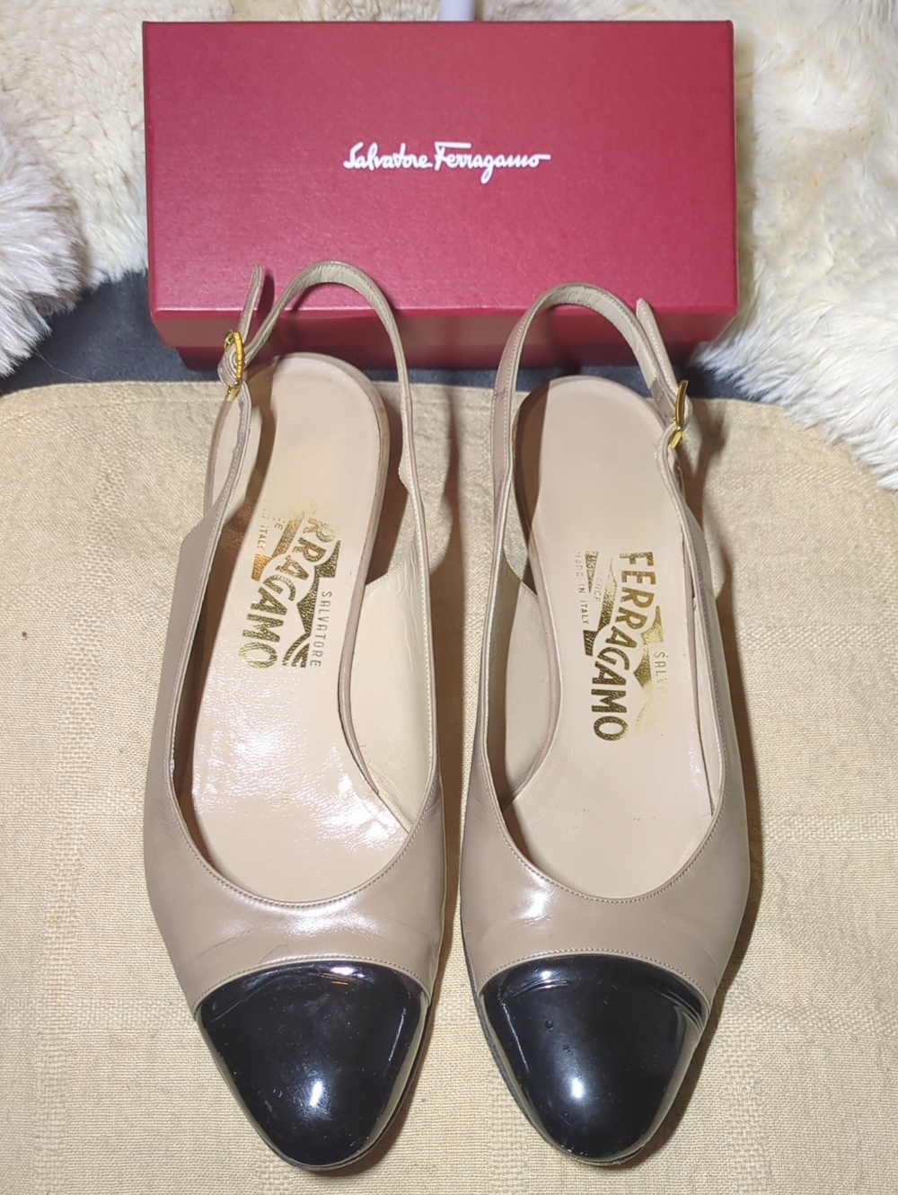 Vintage Salvatore Ferragamo Beige Slingback Pumps w/Black Cap Toe NOW ONLY $30
